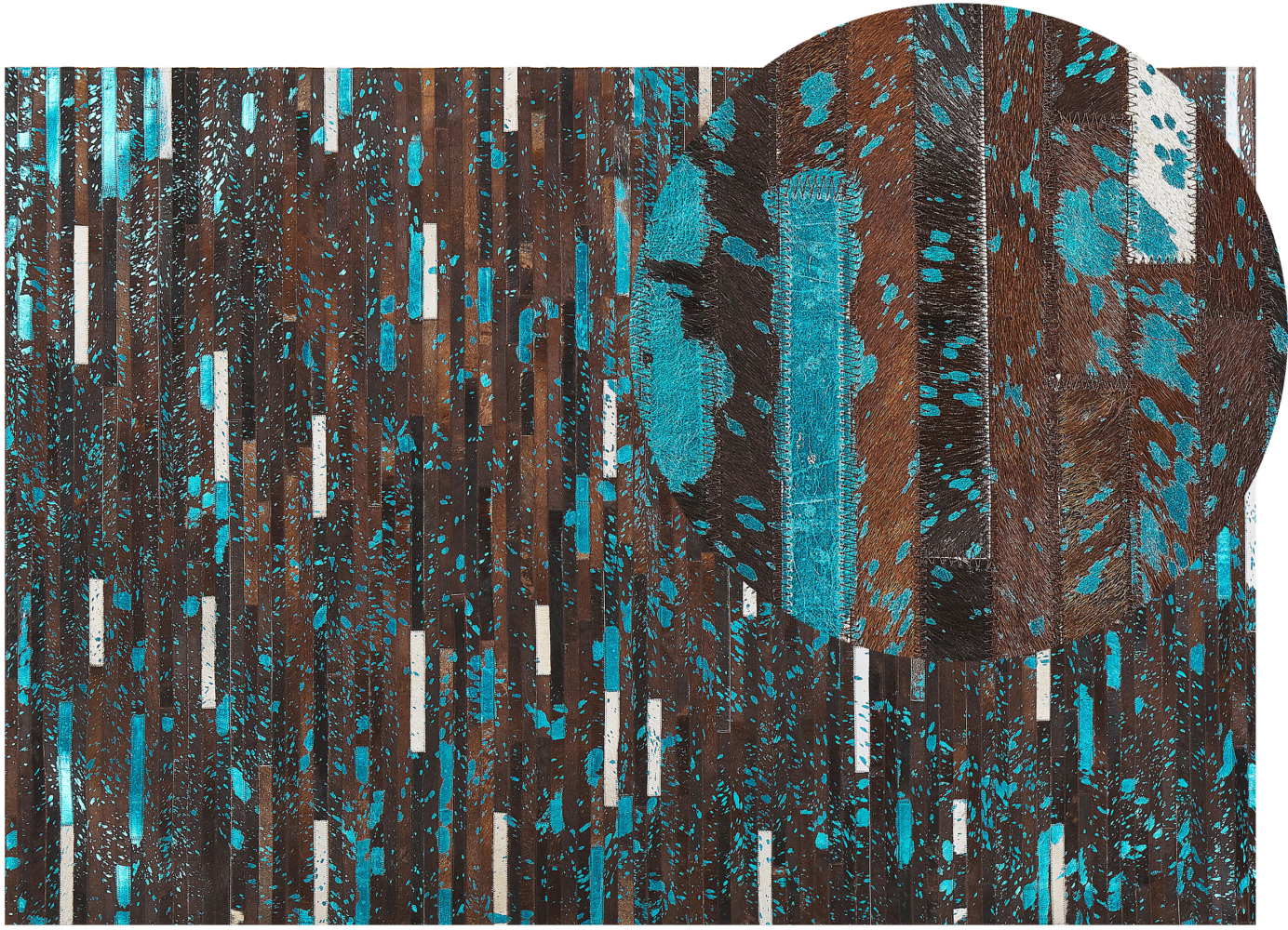 Teppich Kuhfell braun blau 140 x 200 cm Patchwork Kurzflor KISIR Bild 1