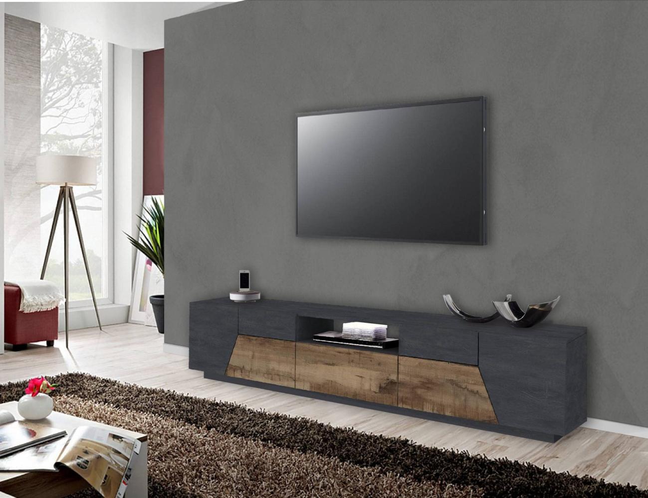 Dmora Wohnzimmermöbel TV-Möbel, Made in Italy, TV-Möbel mit 4 geometrischen Türen und 1 Schublade, Cm 220x43h46, Schiefer und Ahorn Bild 1