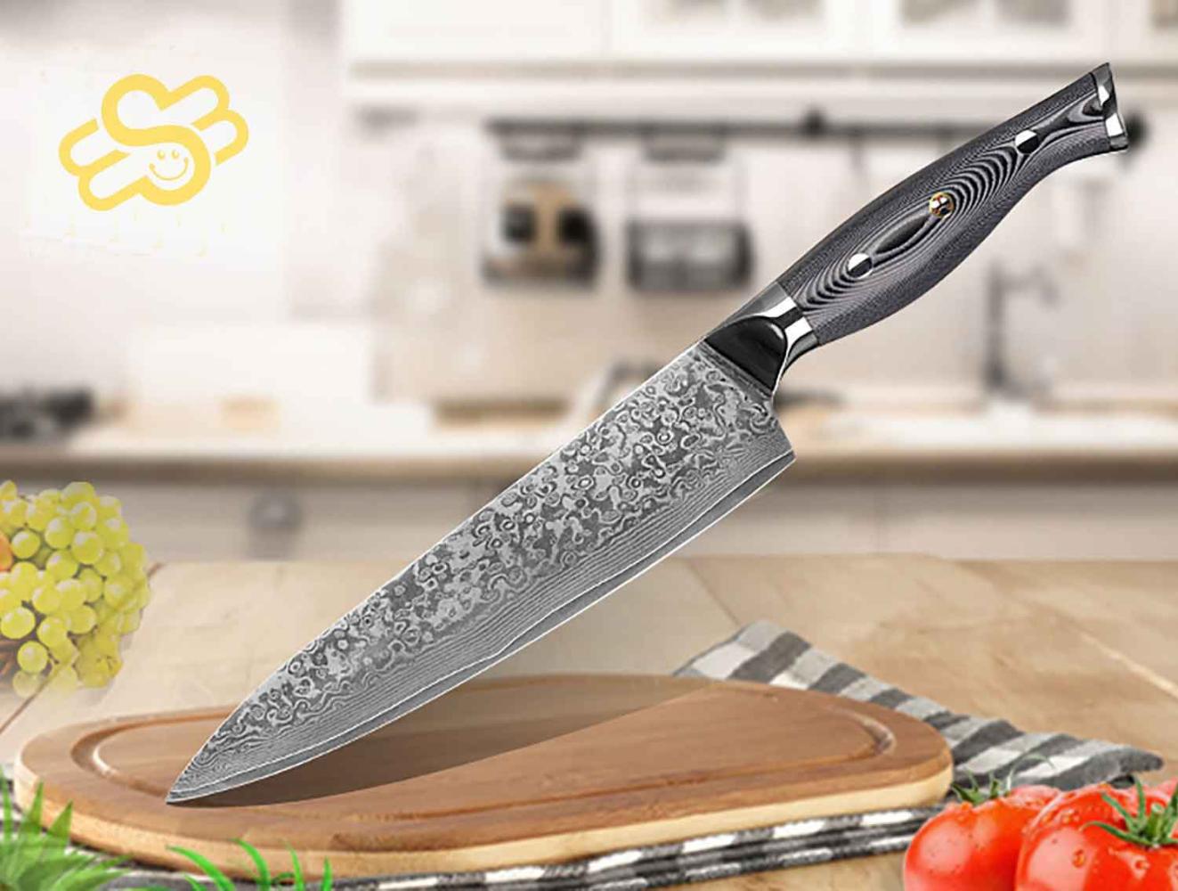 Kochmesser Küchenmesser Carbon Damast-Klinge Damastmesser Messer 62 Lagen V10 Stahl Bild 1