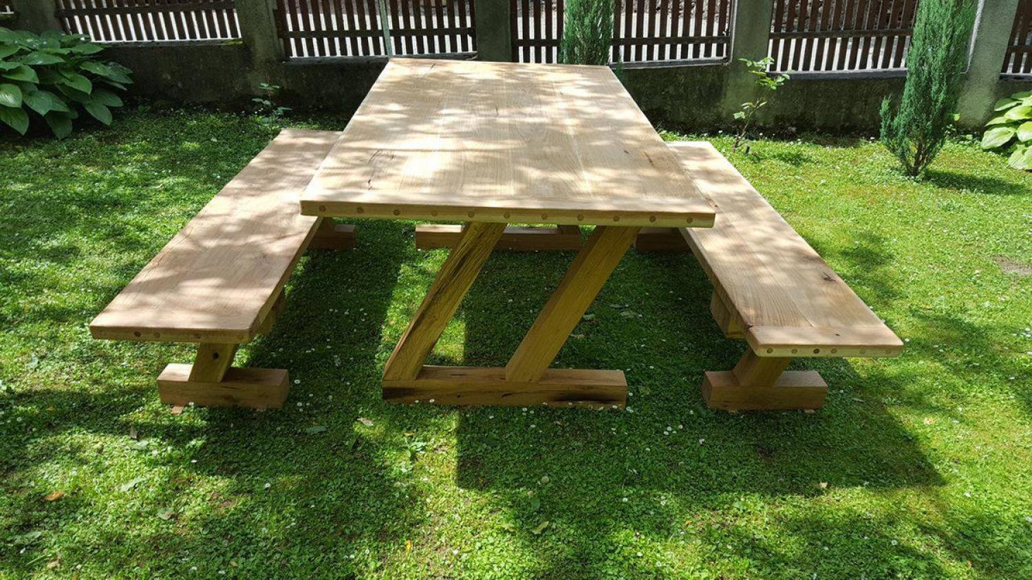 Casa Padrino Gartenmöbel Set Rustikal - Tisch + 2 Garten Bänke (Länge: 200 cm) - Eiche Massivholz - Modell Z Bild 1