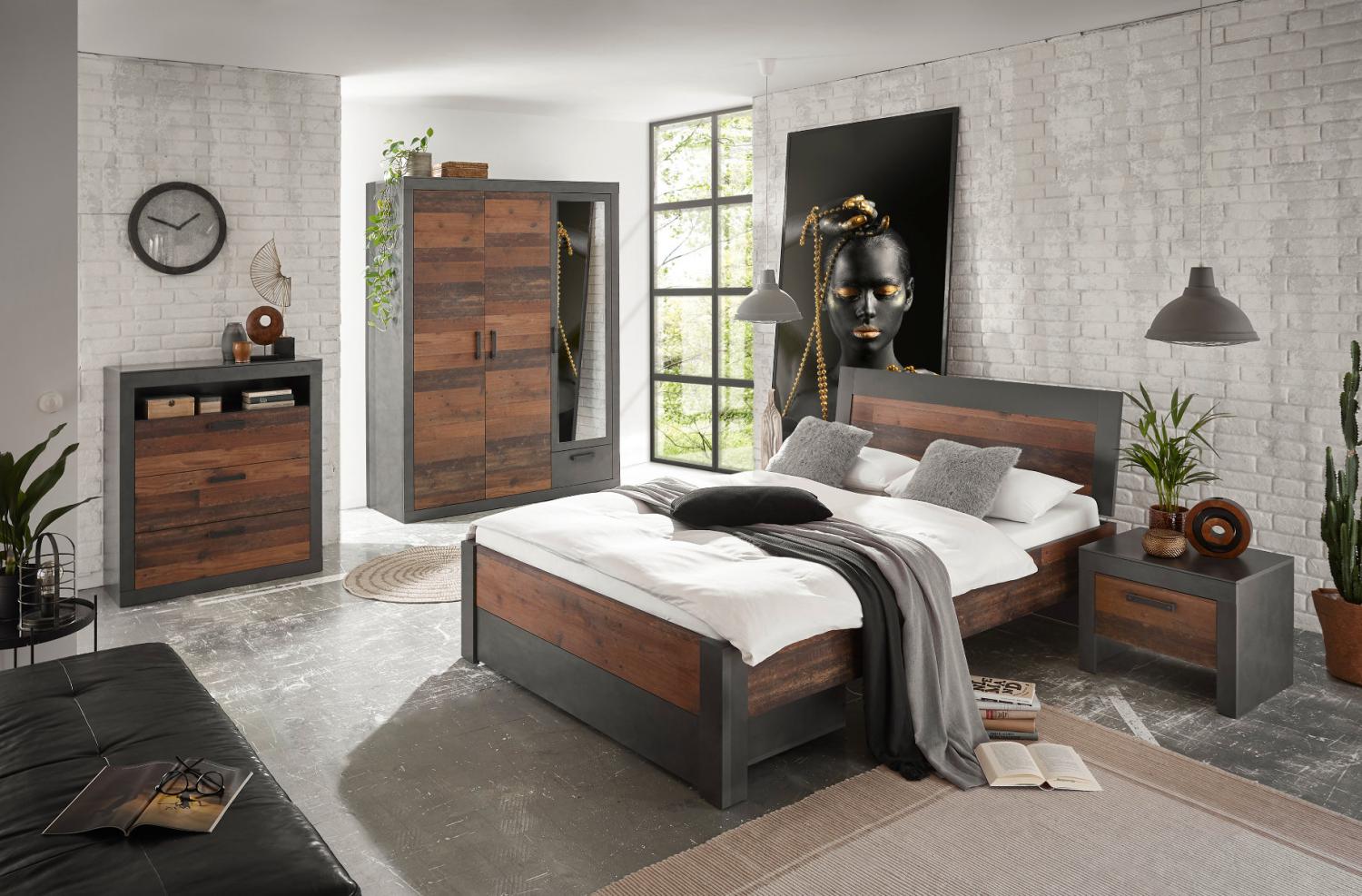 Schlafzimmer Set 5-teilig Bett 140x200 mit Holzkopfteil + Schublade used-look QUEENS Nr. 3 Bild 1