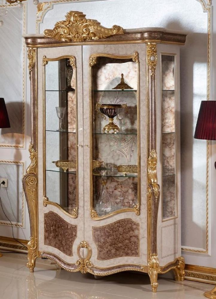 Casa Padrino Luxus Barock Vitrine Weiß / Braun / Gold - Prunkvoller Massivholz Vitrinenschrank mit 2 Glastüren und 3 Glasregalen - Barock Möbel - Edel & Prunkvoll Bild 1