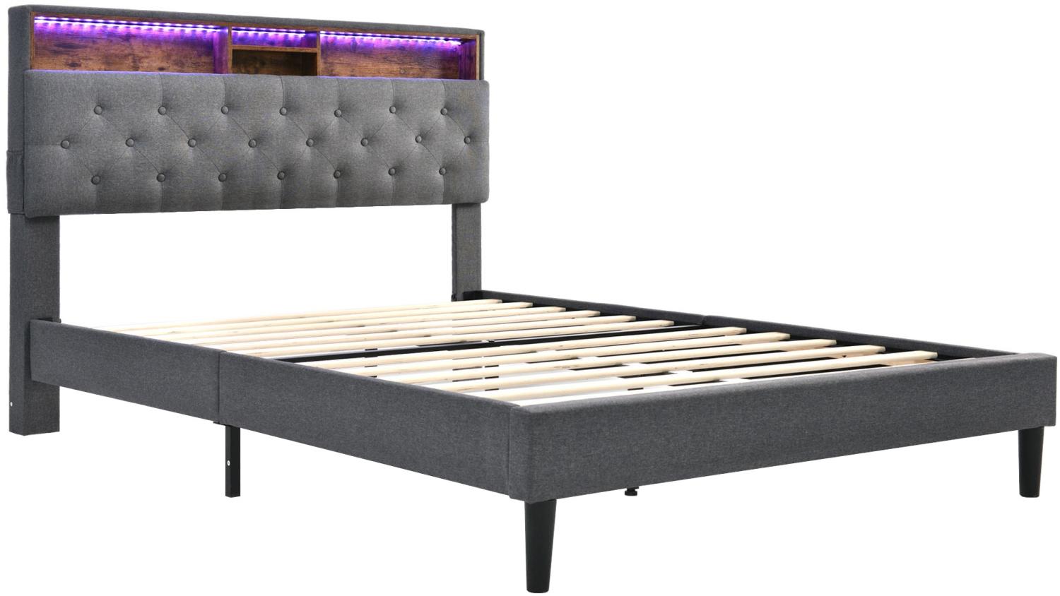 Merax LED Doppelbett 140x200 Polsterbett aus Leinen mit Stauraum-Kopfteil & Lattenrost aus Holz Grau Bild 1
