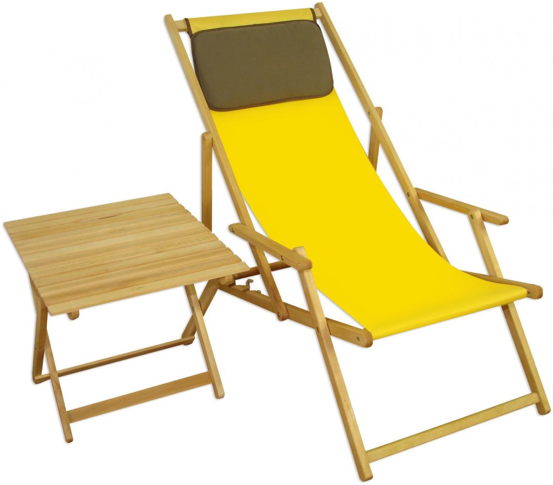 Strandstuhl gelb Gartenliege Strandliege Deckchair Tisch Kissen Liegestuhl Holz hell 10-302NTKD Bild 1