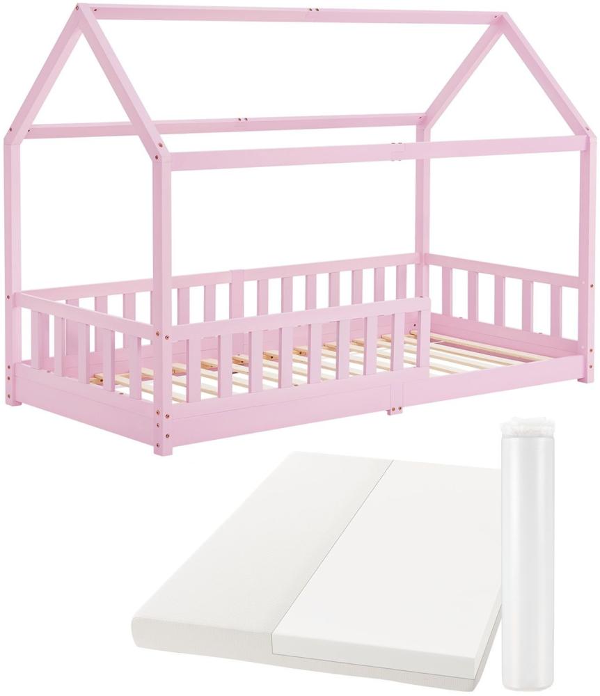 Juskys Kinderbett Marli 90 x 200 cm mit Matratze, Rausfallschutz, Lattenrost & Dach - Massivholz Hausbett für Kinder - Bett in Rosa Bild 1