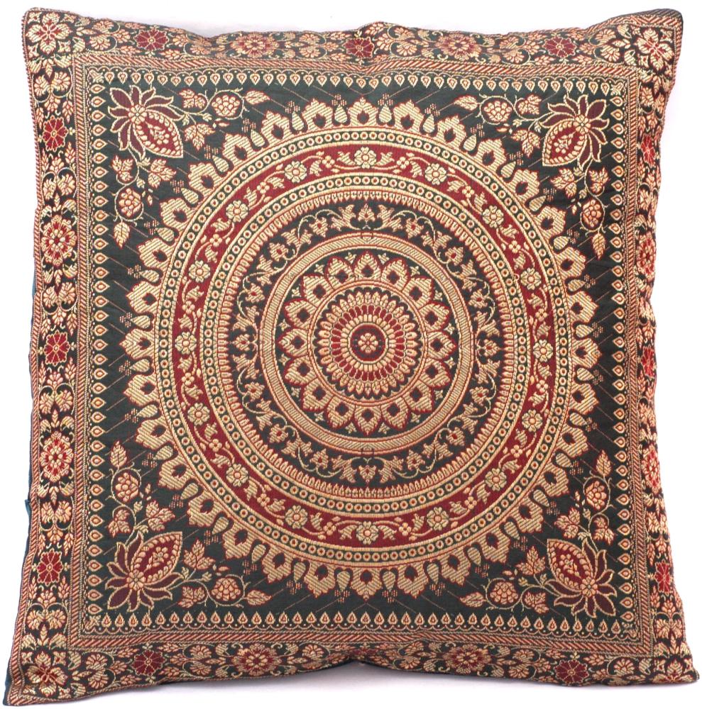 Handgewebter indischer Banarasi Seide Deko-Kissenbezug mit Extravaganten Mandala Design in Flaschengrün & Golden - 40 cm x 40 cm Bild 1