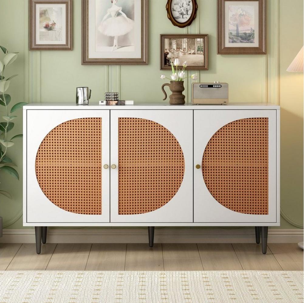 Merax Sideboard im Vintage-Stil mit 6 Fächern, Kommode mit 3 Rattan-Türen und Metallbeine, Breite 130cm Bild 1