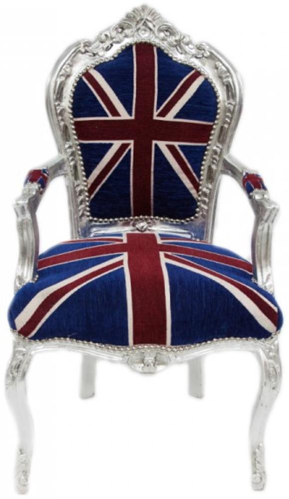 Casa Padrino Barock Esszimmer Stuhl mit Armlehnen Union Jack / Silber - Antik Stil Bild 1