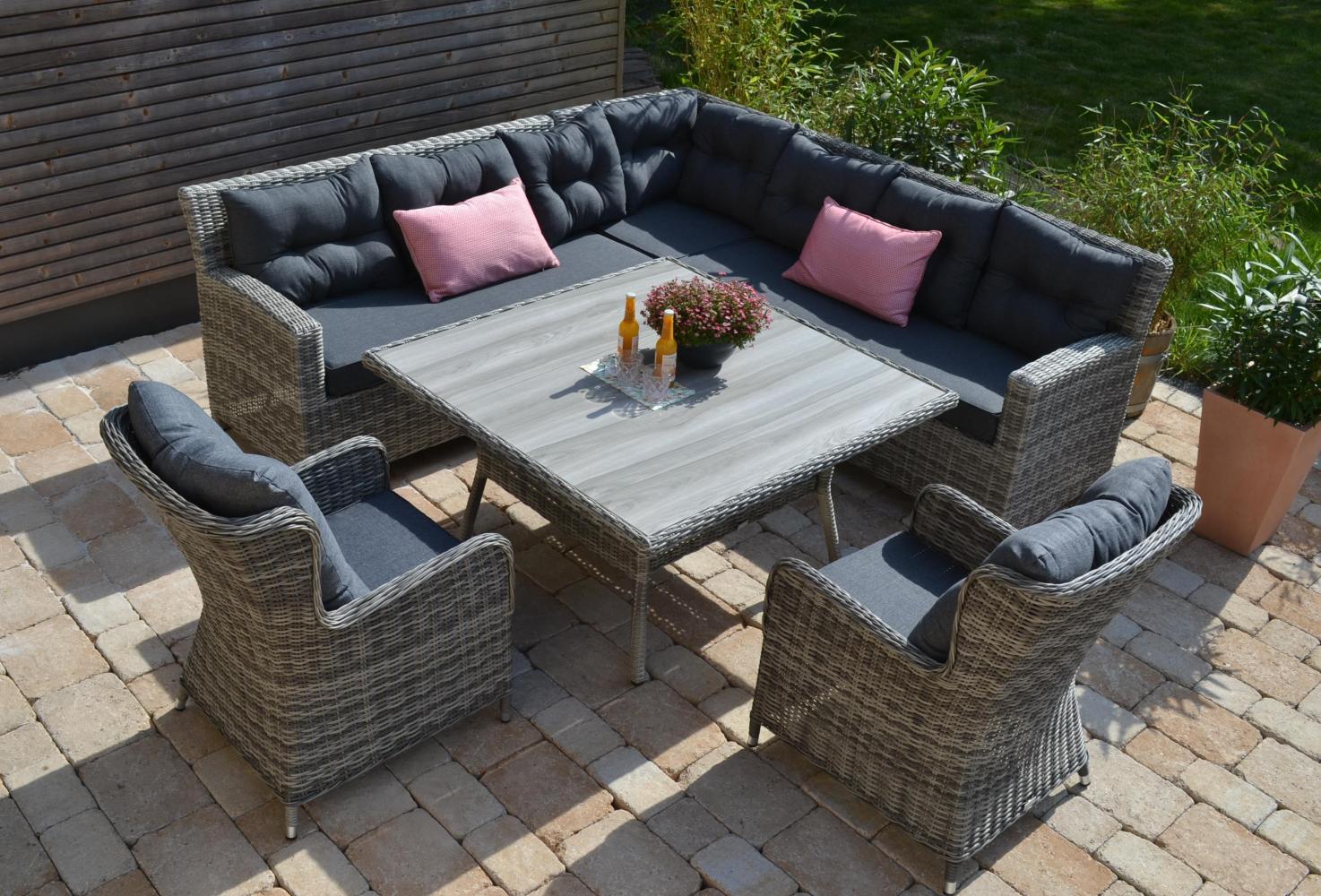 Ecklounge Bonaire Polyrattan mit großem Keramik Tisch + Bank + Hocker + 2 Comfort Sessel Silvia Bild 1