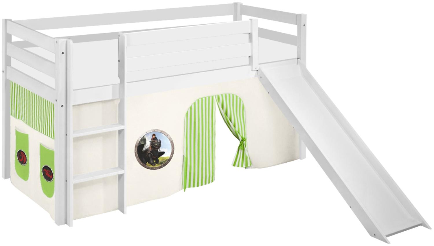 Lilokids 'Jelle' Spielbett 90 x 190 cm, Dragons Grün, Kiefer massiv, mit Rutsche und Vorhang Bild 1