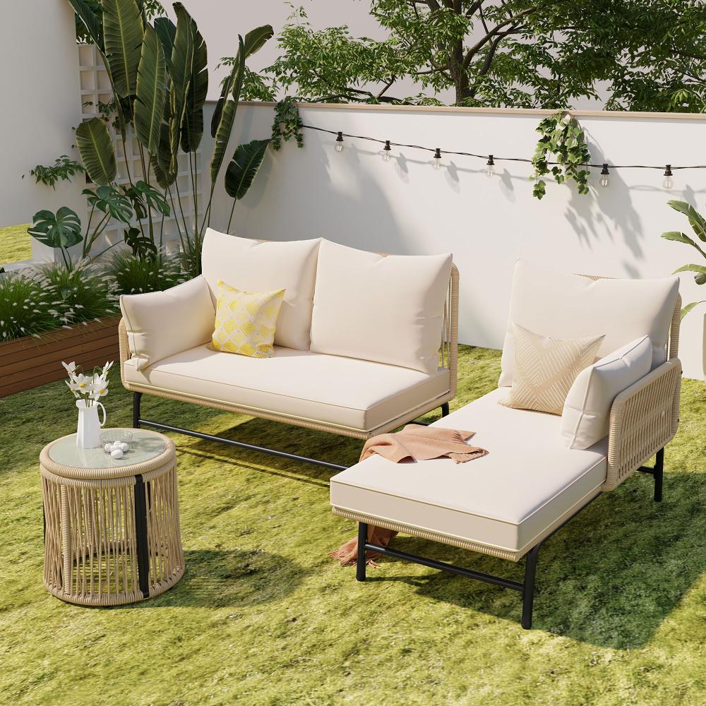 Merax Gartenlounge-Set, Gartenmöbel-Set, Gartenmöbel aus gewebtem Seil für den Außenbereich, L-förmiges, Beige Bild 1