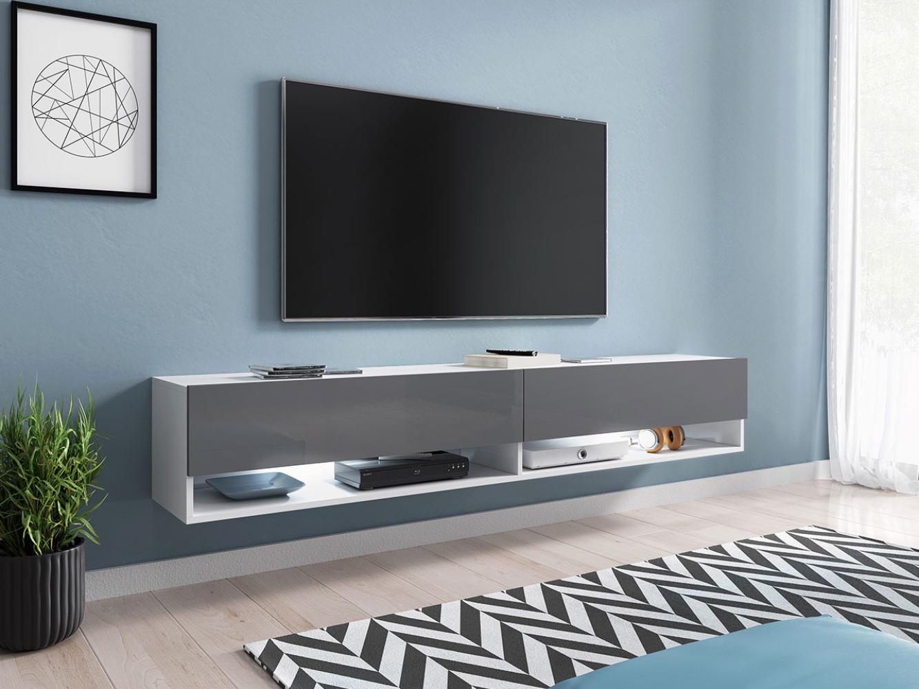 TV-Lowboard Jumbo 180, mit RGB LED Beleuchtung farbig, Farbe: Weiß / Grau Hochglanz Bild 1