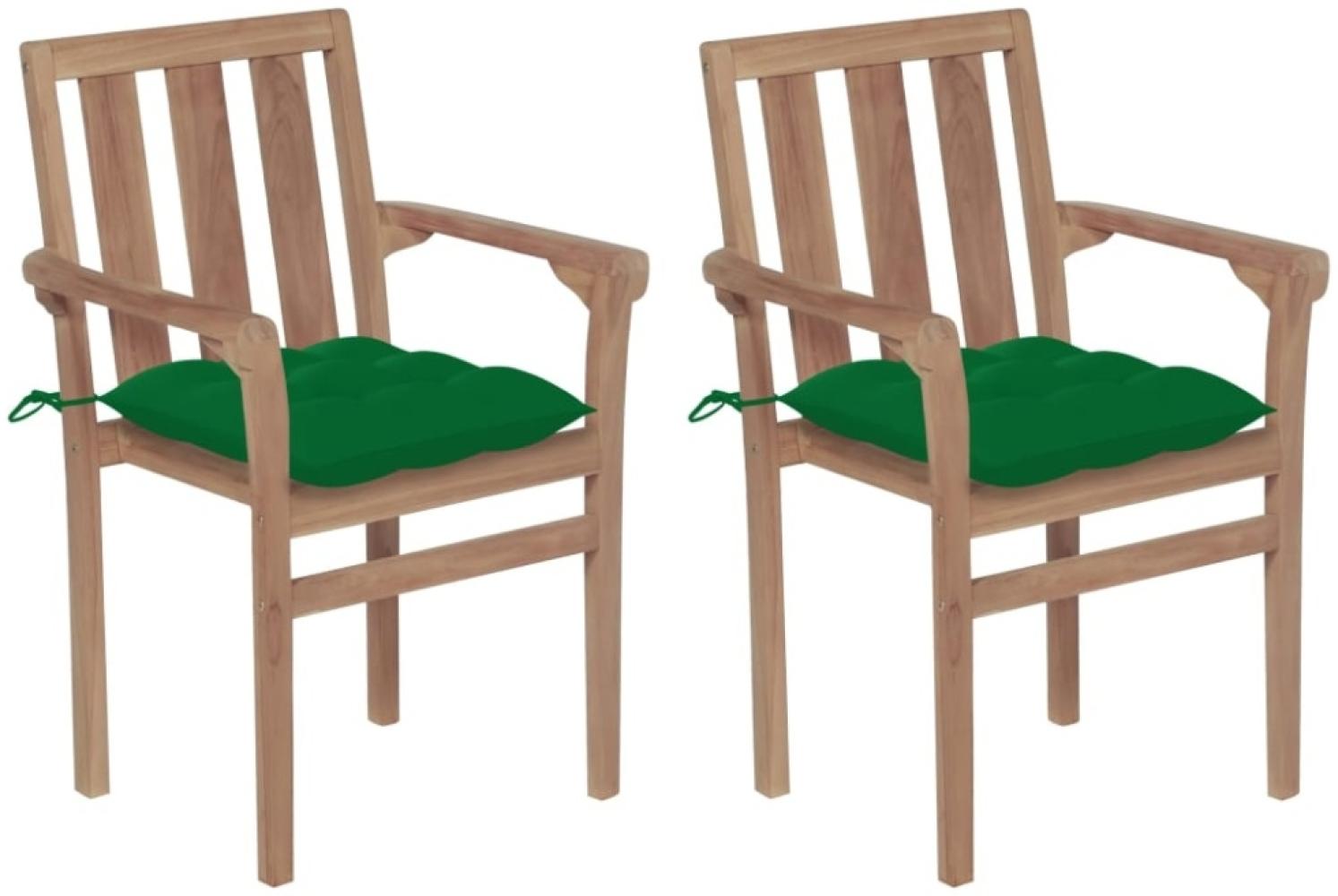 vidaXL Gartenstühle 2 Stk. mit Grünen Kissen Massivholz Teak Bild 1