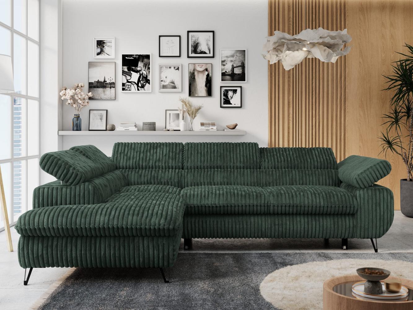 Ecksofa mit Bettfunktion, Modern Sofa, L-form, Einstellbare Kopfstützen, Bettkasten, PETER, 1x Ecksofa, Grün, Cord, links Bild 1