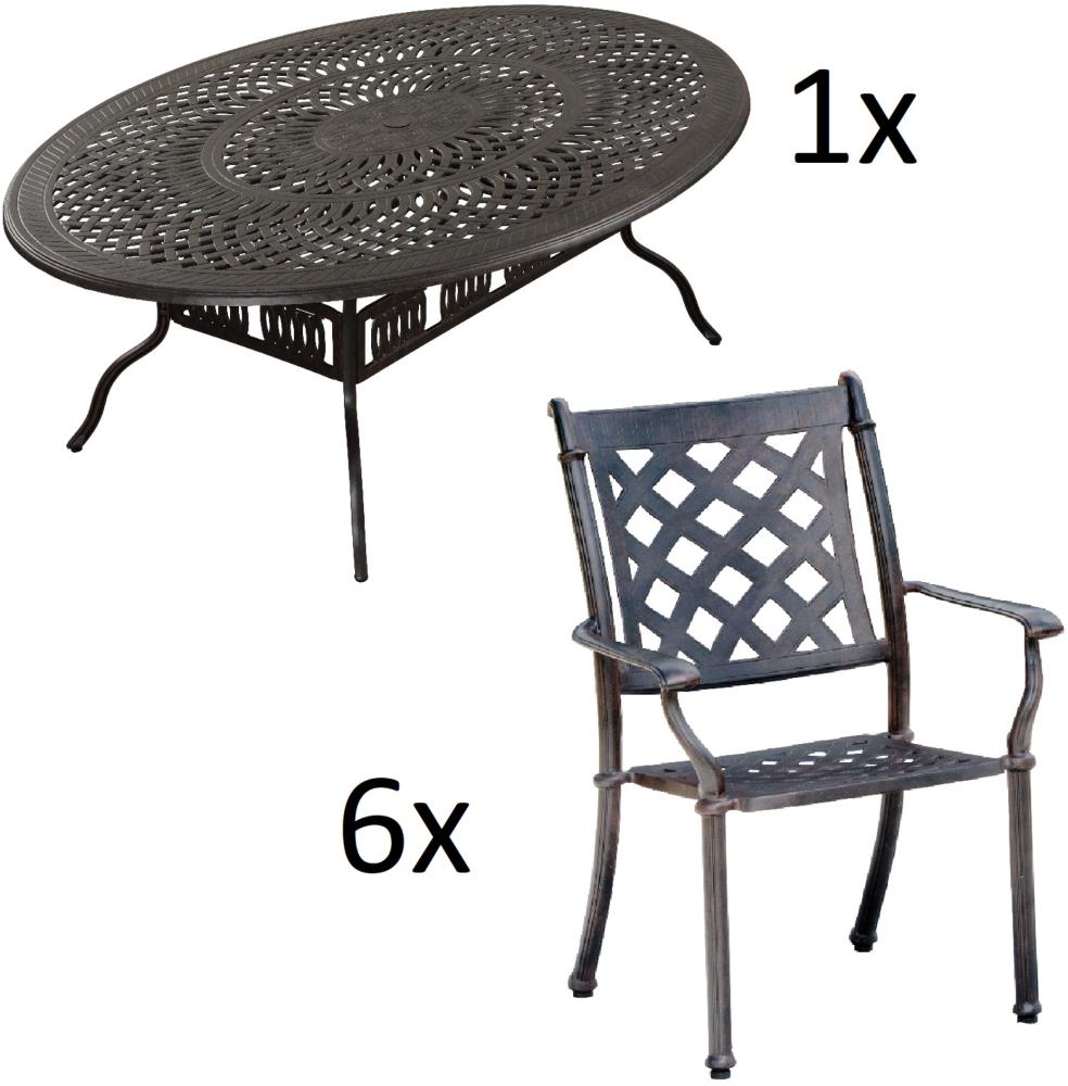 Inko 7-teilige Sitzgruppe Alu-Guss bronze Tisch oval 216x152x74 cm cm mit 6 Sesseln Tisch 216x152 cm mit 6x Sessel Duke Bild 1