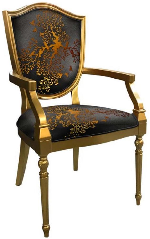 Casa Padrino Art Deco Esszimmerstuhl Grau / Gold - Massivholz Stuhl mit Armlehnen und elegantem Muster - Art Deco Esszimmer Möbel Bild 1
