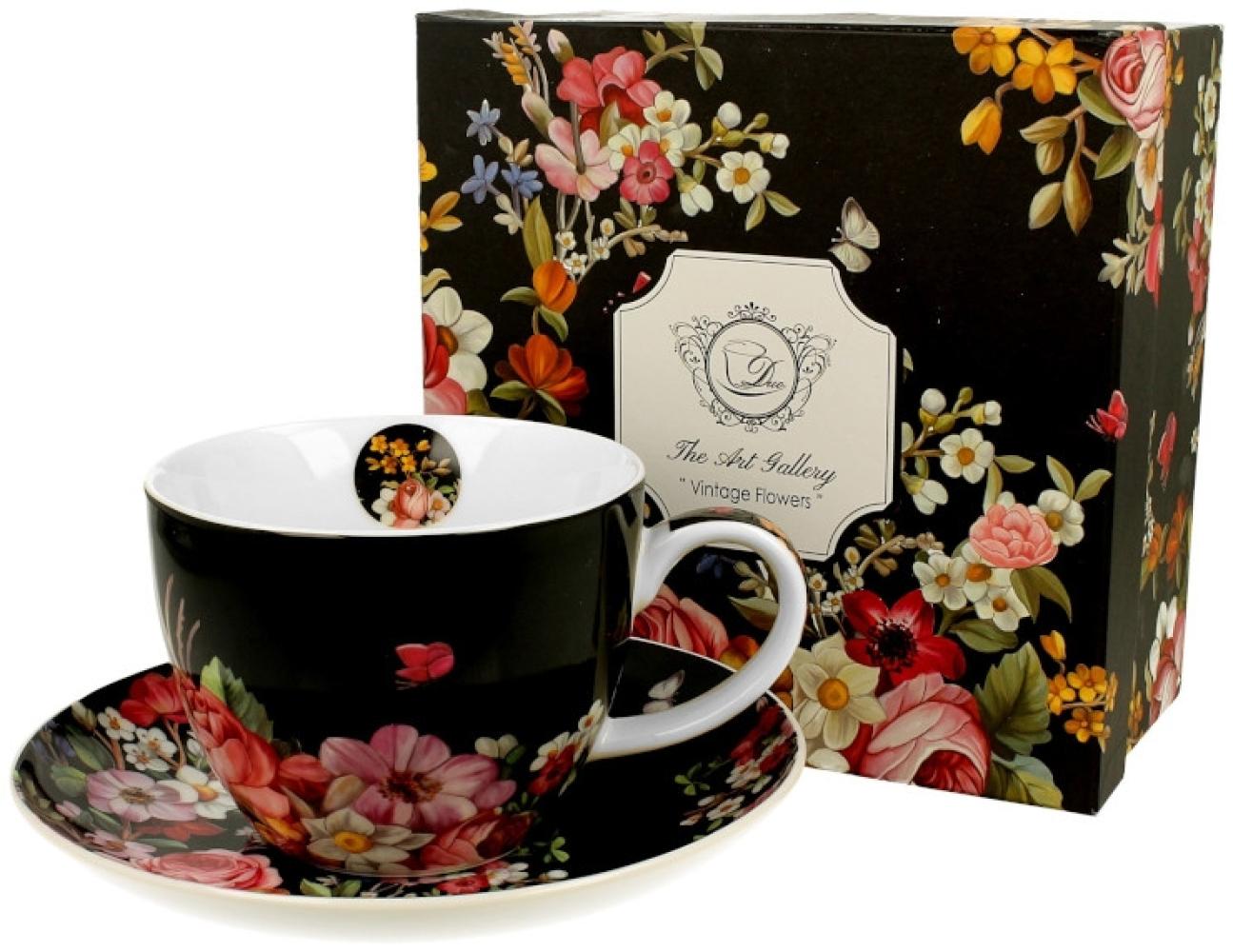 DUO FLORAL Jumbobecher 470 ml VINTAGE FLOWERS BLACK mit Untertasse, New Bone China Porzellan Bild 1