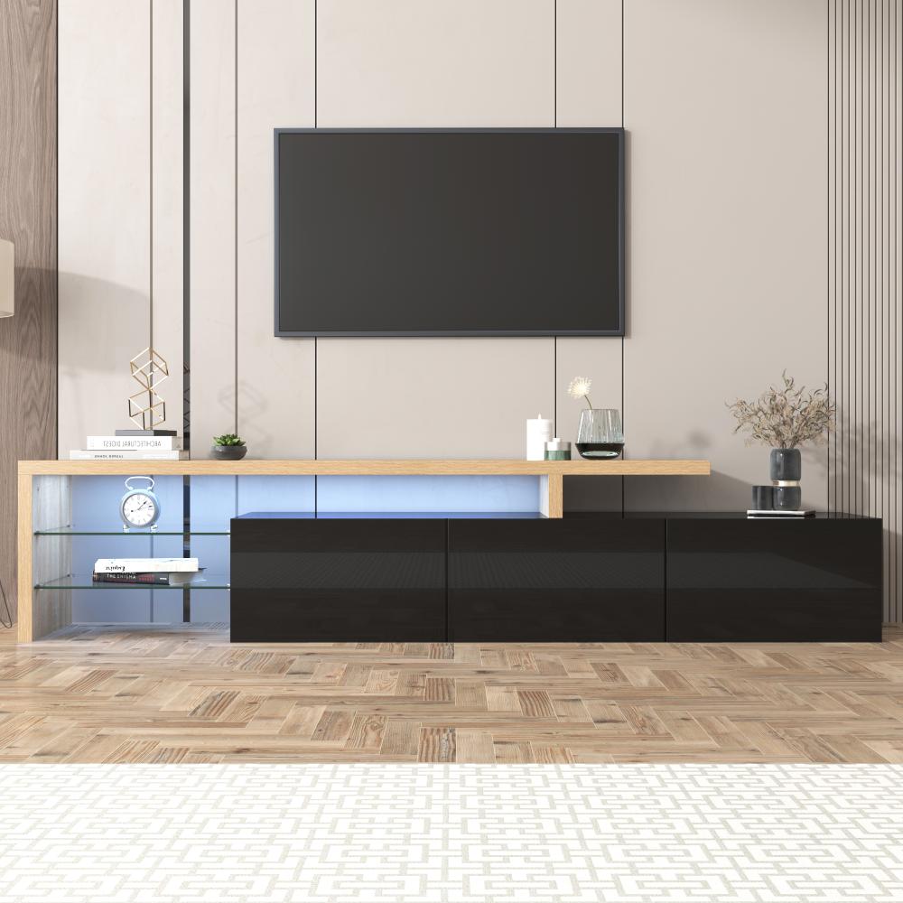 Merax Lowboard, mit Glasablgen und LED-Beleuchtung, Fernsehtisch Hochglanz, TV-Schrank, Schwarz Bild 1