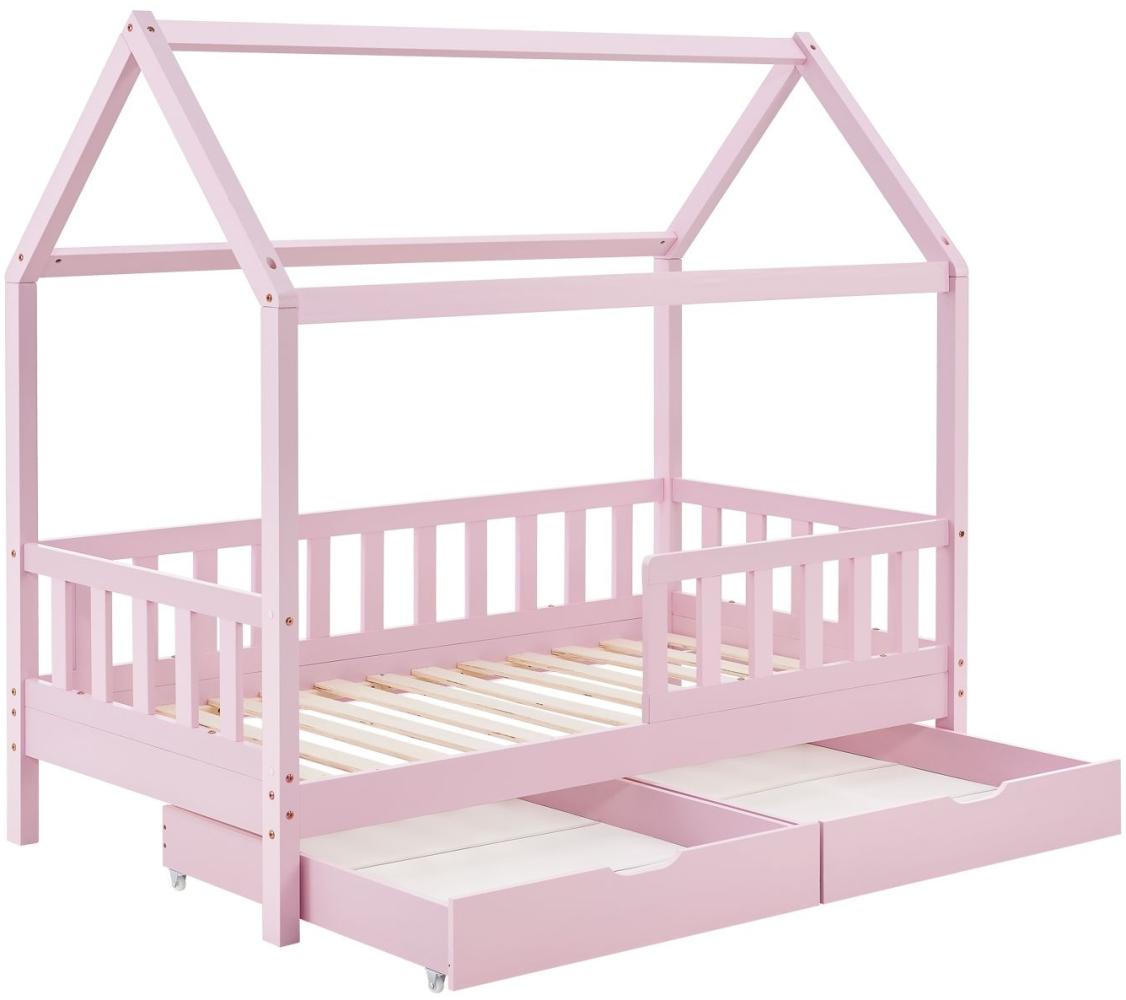 Juskys Kinderbett Marli 80 x 160 cm mit Bettkasten 2-teilig, Rausfallschutz, Lattenrost & Dach - Massivholz Hausbett für Kinder - Bett in Rosa Bild 1
