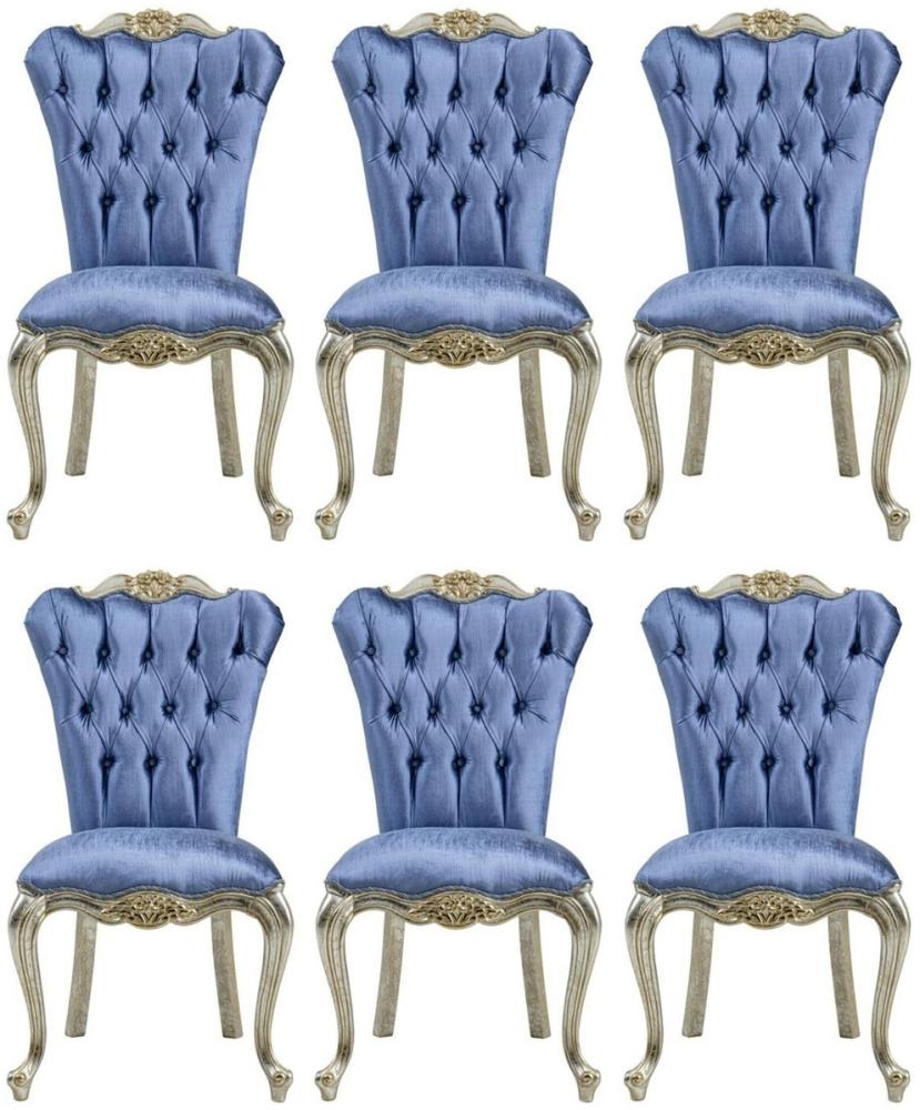 Casa Padrino Luxus Barock Esszimmerstuhl Set Blau / Silber / Gold - Handgefertigtes Küchen Stühle 6er Set - Barock Esszimmer Möbel - Edel & Prunkvoll Bild 1