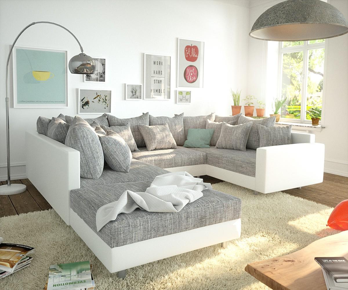 Couch Clovis Weiß/ Hellgrau Hocker Armlehne Wohnlandschaft Modulsofa Bild 1