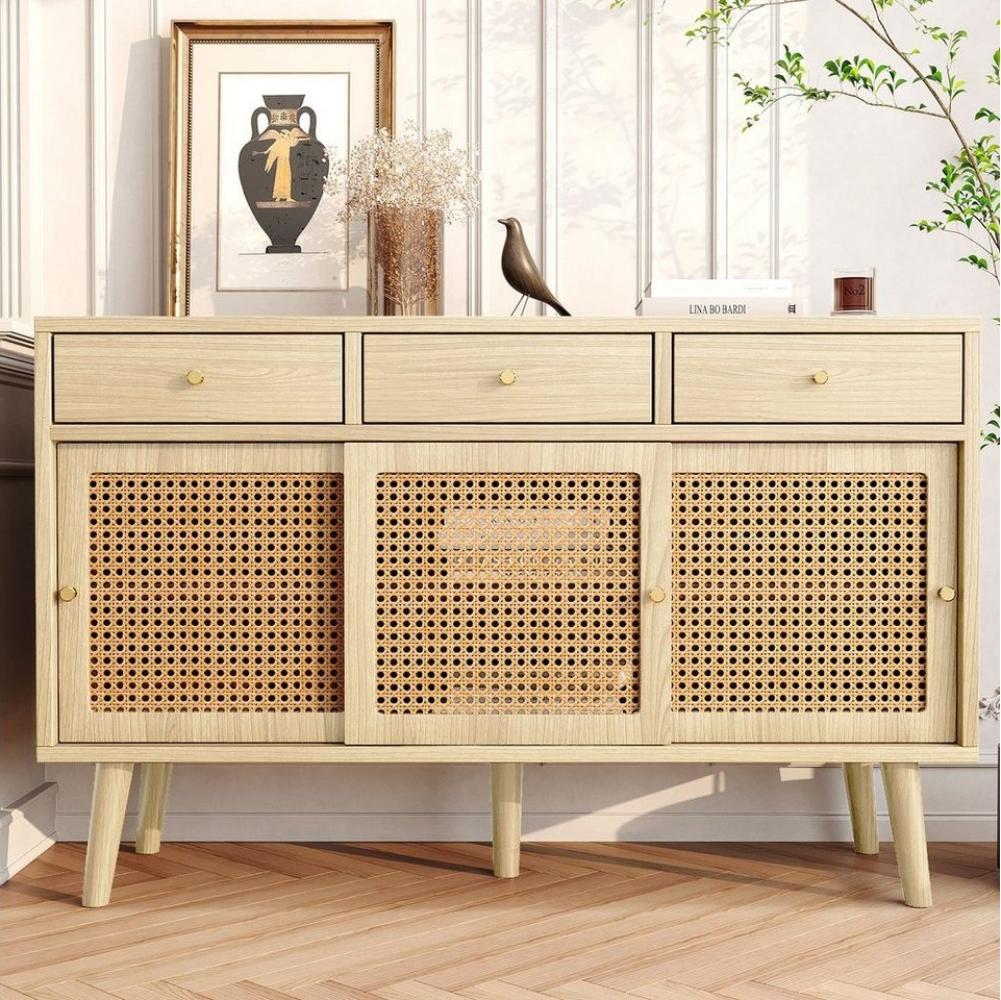 Merax Sideboard mit 3 Schubladen und 3 Schwebetüren, Rattangeflecht, Kommode mit verstellbaren Einlegböden,Anrichte,B/H/T: 120/40/78cm Bild 1