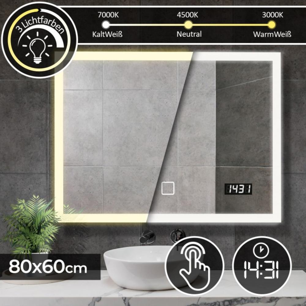 Aquamarin® Badspiegel mit LED Beleuchtung - Touchschalter, Dimmbar 3in1 Kaltweiß Neutral Warmweiß Einstellbar, Digitaluhr, 80 x 60 cm Bild 1