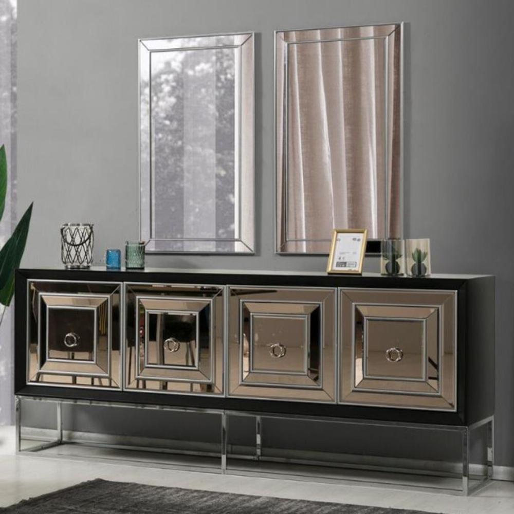 Casa Padrino Luxus Sideboard mit 4 verspiegelten Türen Schwarz / Silber 208 x 49 x H. 88 cm - Luxus Wohnzimmer Möbel Bild 1