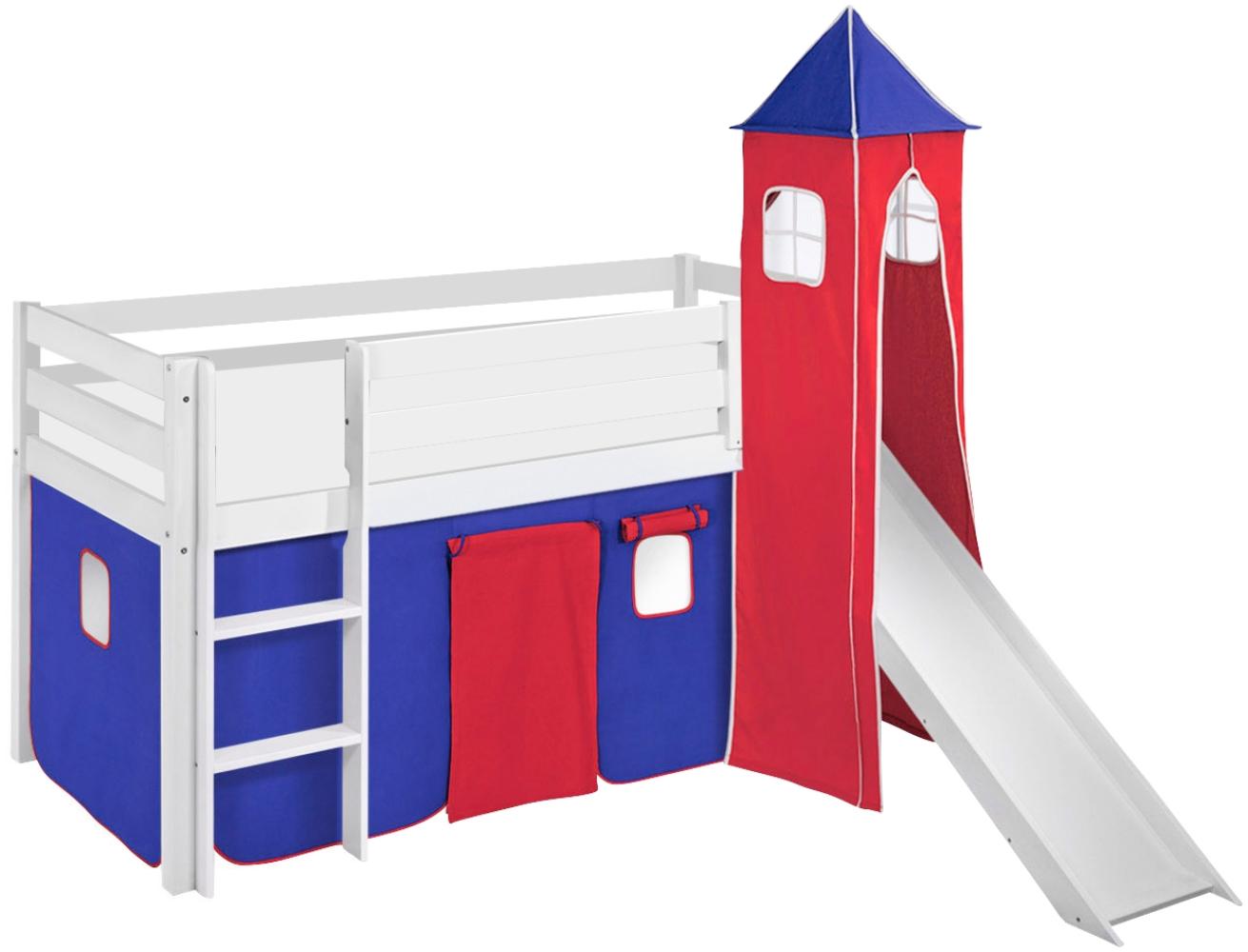 Lilokids 'Jelle' Spielbett 90 x 200 cm, Blau Rot, Kiefer massiv, mit Turm, Rutsche und Vorhang Bild 1