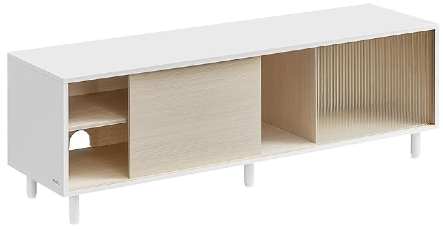 VASAGLE TV-Schrank für Fernseher bis zu 60 Zoll, superschnelle Montage, Toolless-Technologie, Fernsehtisch Wohnzimmer, geriffeltes Glas modern, 140 x 39 x 45 cm, wolkenweiß-naturbeige Bild 1