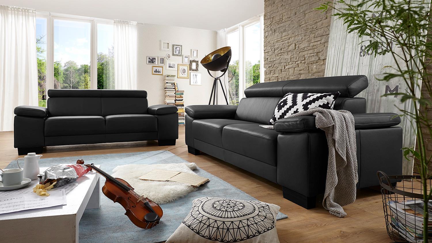 Sofa SANTIAGO Garnitur in Leder schwarz mit Funktion Bild 1
