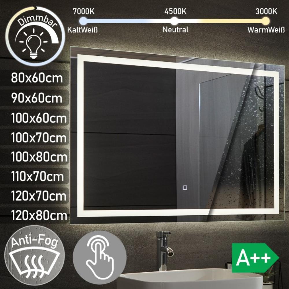 Aquamarin® LED Badspiegel - 110 x 70 cm, Beschlagfrei, Dimmbar, EEK A++, Energiesparend, mit Speicherfunktion - Badezimmerspiegel, LED Spiegel, Lichtspiegel, Wandspiegel für Bad Bild 1