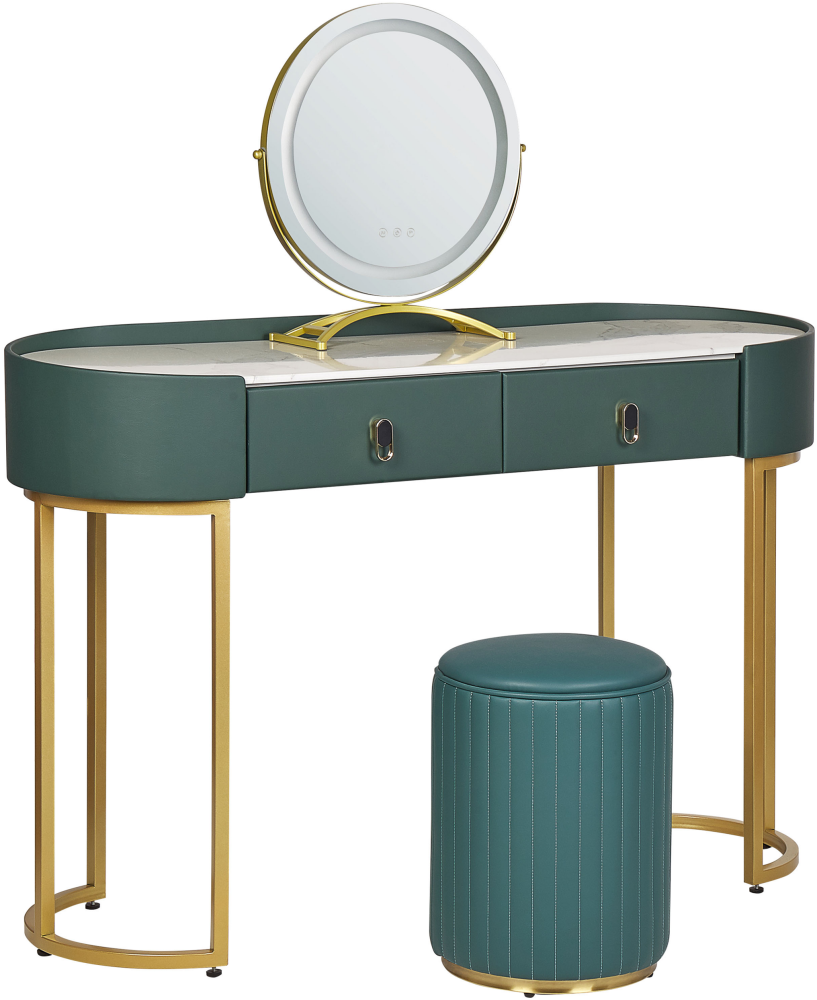 Beliani 'VINAX' Schminktisch mit rundem LED-Spiegel, 2 Schubladen und Hocker, Holz dunkelgrün/gold, 39 x 118 x 125 cm Bild 1
