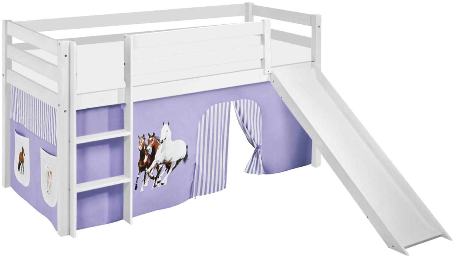 Lilokids 'Jelle' Spielbett 90 x 190 cm, Pferde Lila Beige, Kiefer massiv, mit Rutsche und Vorhang Bild 1