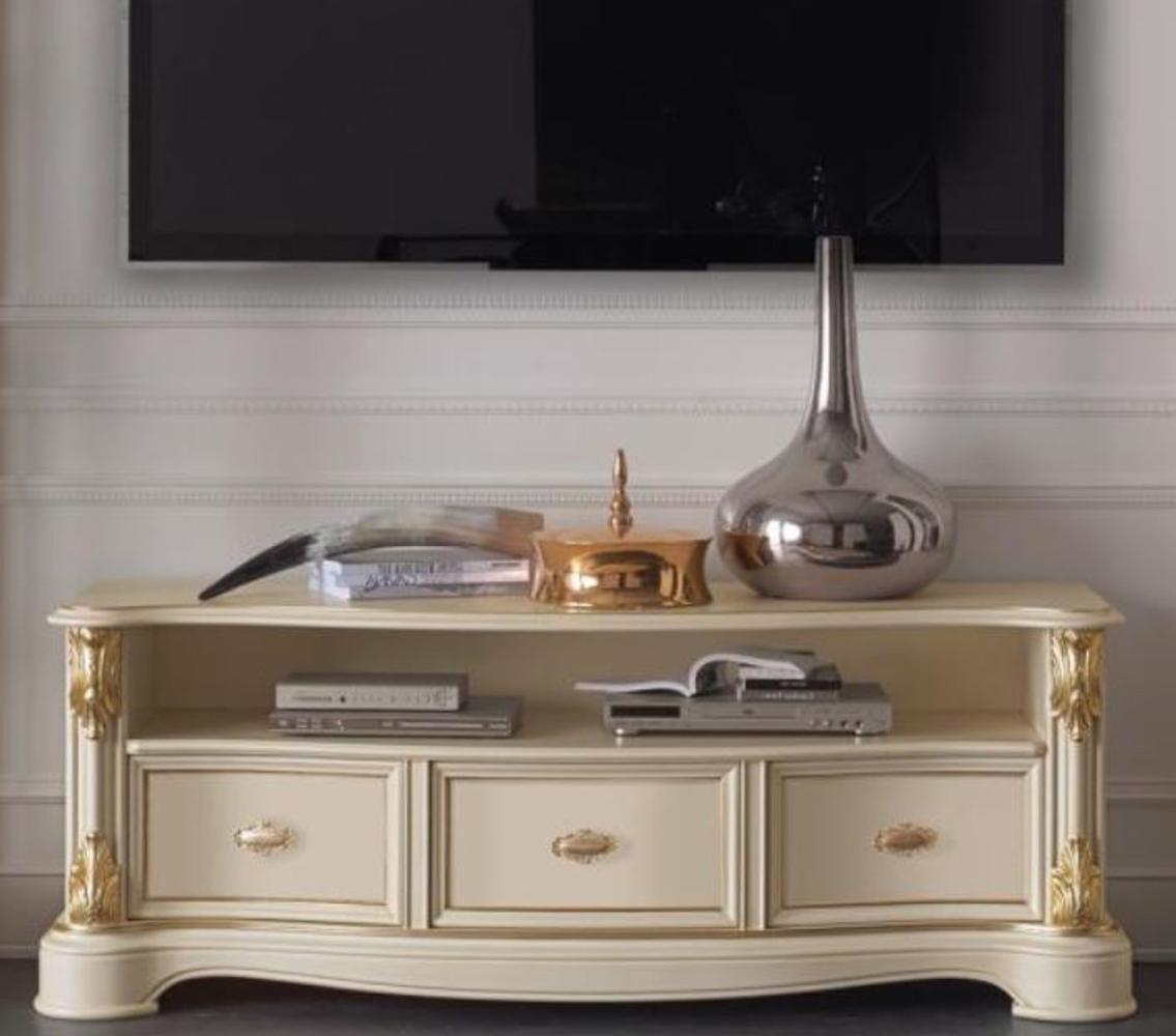 Casa Padrino Luxus Barock TV Schrank Creme / Gold 162 x 49 x H. 61 cm - Fernsehschrank mit 3 Schubladen - Edle Barock Wohnzimmer Möbel Bild 1