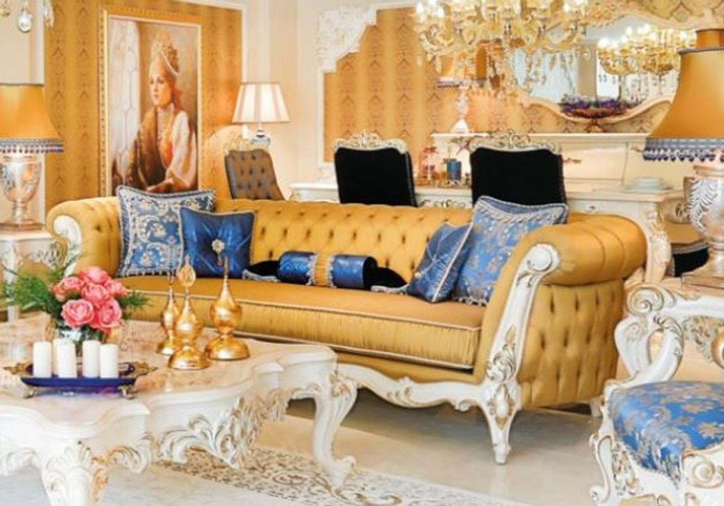 Casa Padrino Luxus Barock Chesterfield Wohnzimmer Sofa Gold / Weiß / Gold 300 x 110 x H. 80 cm Bild 1