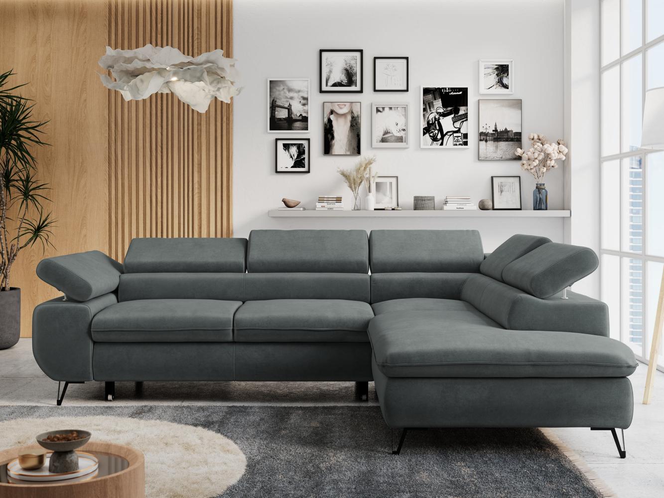 Ecksofa mit Bettfunktion, Modern Sofa, L-form, Einstellbare Kopfstützen, Bettkasten - PETER - Dunkelgrau Mikrofaser - rechts Bild 1