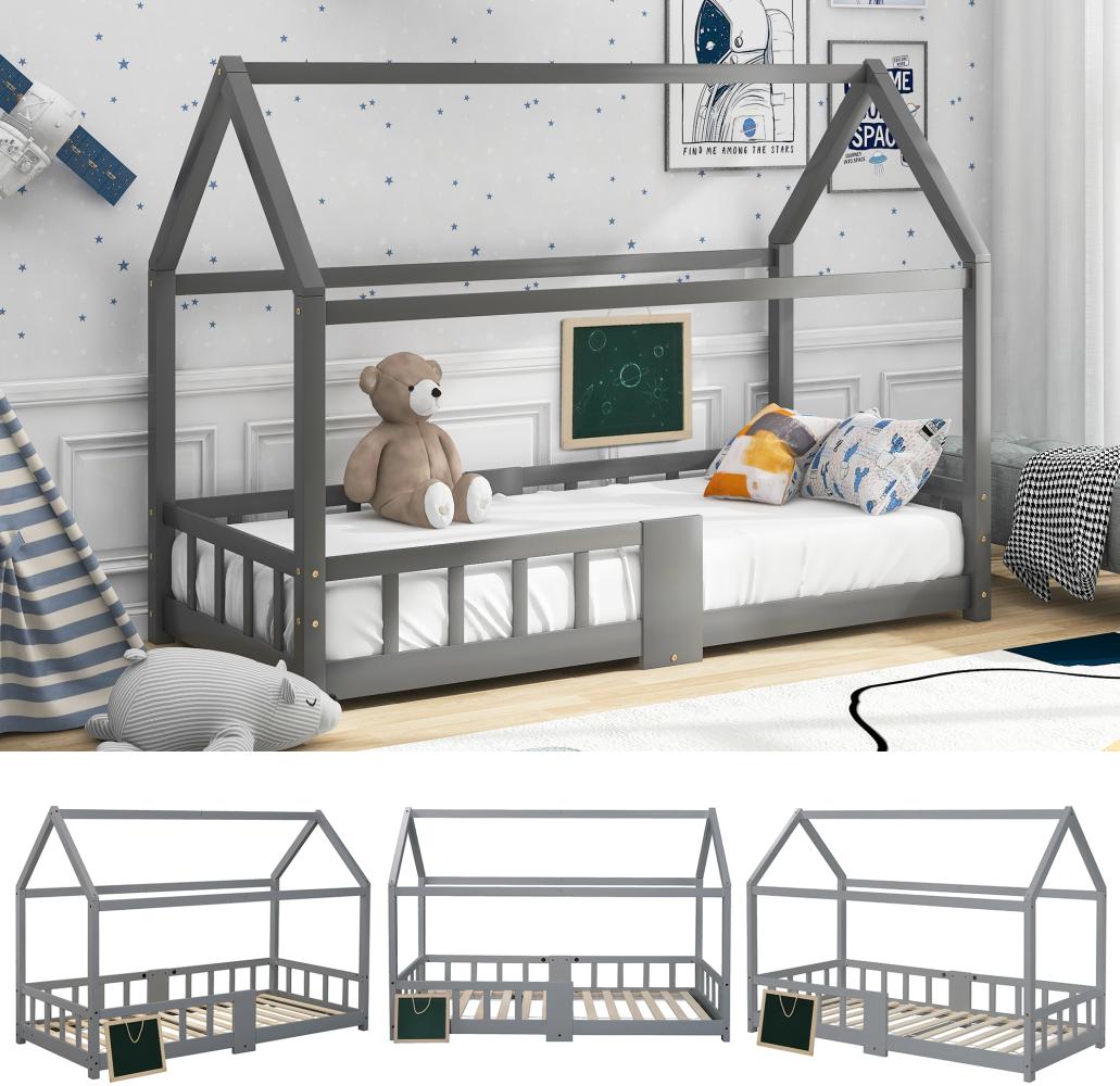 Merax Kinderbett Hausbett 90 x 200 cmHolzbett für Kinderzimmer inkl. Tafel Lattenrosten Rausfallschutz, aus Kiefernholz Grau (ohne Matratze) Bild 1