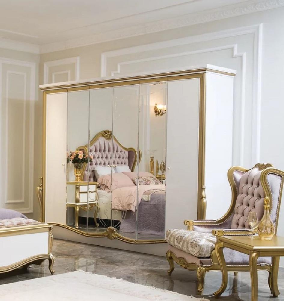 Casa Padrino Luxus Barock Schlafzimmerschrank Weiß / Gold 270 x 70 x H. 224 cm - Edler Massivholz Kleiderschrank - Schlafzimmer Möbel im Barockstil - Luxus Qualität Bild 1