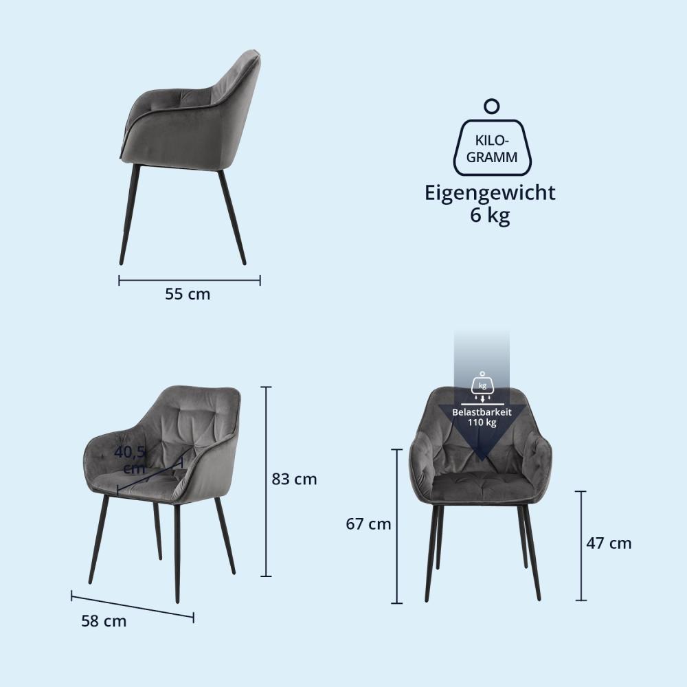 KHG 2er Set Esszimmerstühle Polsterstuhl Küchenstuhl Wohnzimmer-Sessel mit Armlehnen grau Samt - Metallbeine schwarz, Rückenlehne, Sitzfläche und Armlehnen gesteppt - Design Stuhl Sitzhöhe 47 cm Bild 1