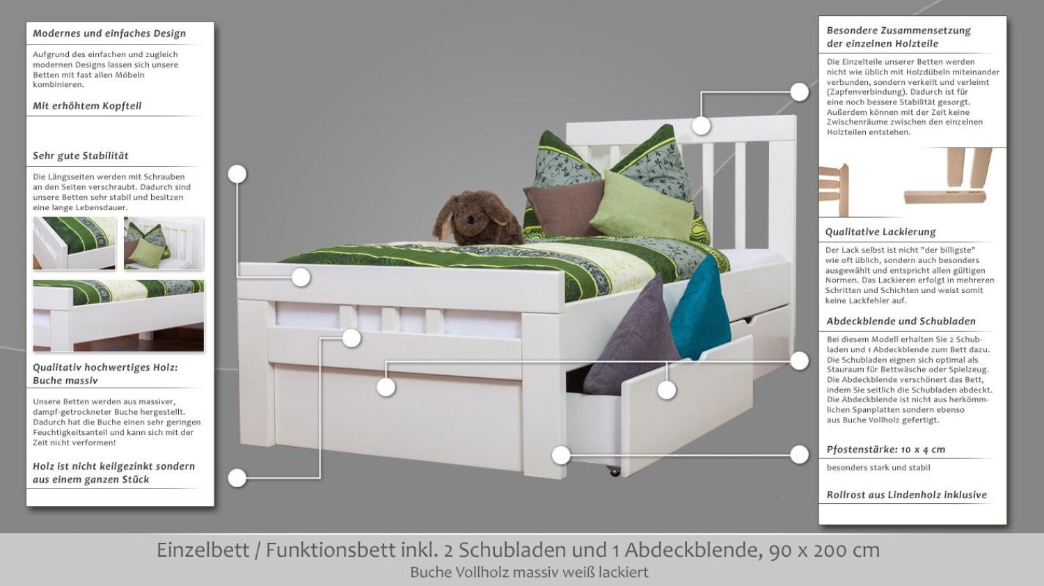 Einzelbett Easy Premium Line K8 inkl. 2 Schubladen, 90 x 200 cm Buche Vollholz massiv weiß lackiert Bild 1