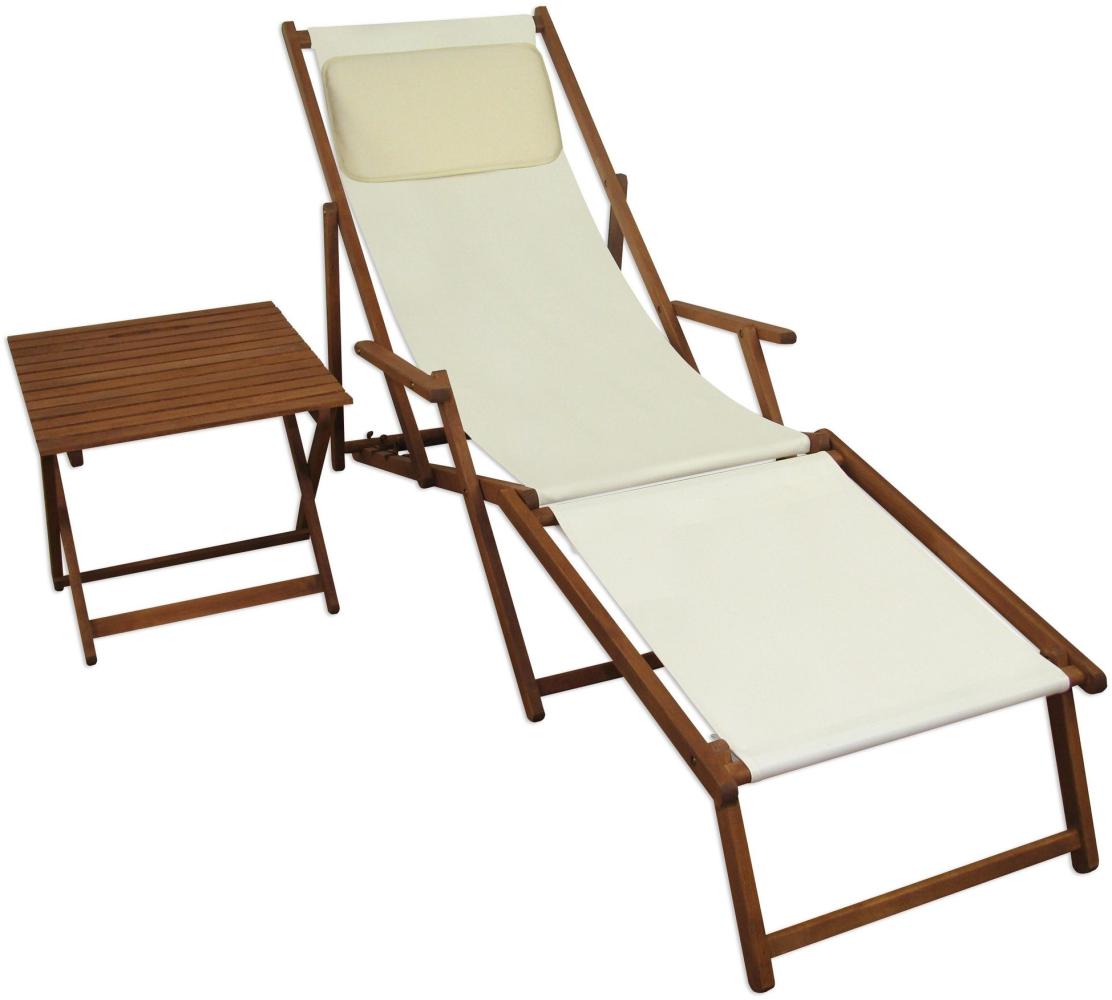 Gartenliege Liegestuhl weiß Fußablage Tisch Kissen Deckchair Holz Sonnenliege Buche 10-303FTKH Bild 1