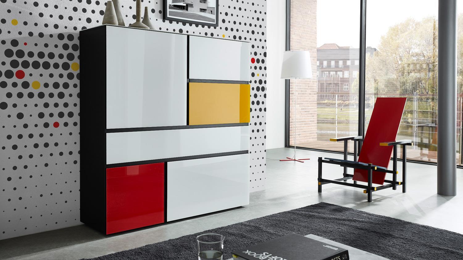 Germania IDEEUS Highboard schwarz und Glas weiß rot gelb Bild 1