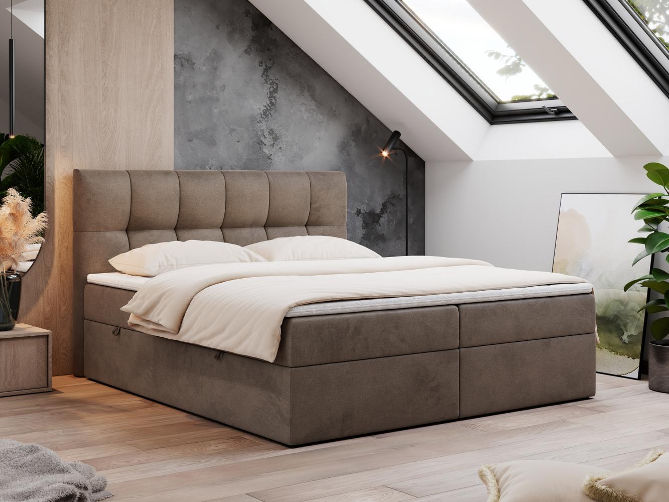 Boxspringbett mit Kopfteil und Topper, Doppelbett - RICO - 200x200cm - Braun Velours - H3 Bild 1