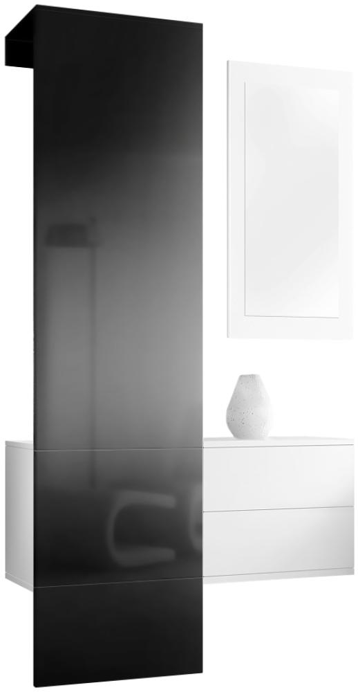 Vladon Garderobe Carlton Set 2, Garderobenset bestehend aus 1 Garderobenpaneel, 1 Schubkastenschrank und 1 Wandspiegel, Weiß matt/Schwarz Hochglanz (105 x 193 x 35 cm) Bild 1