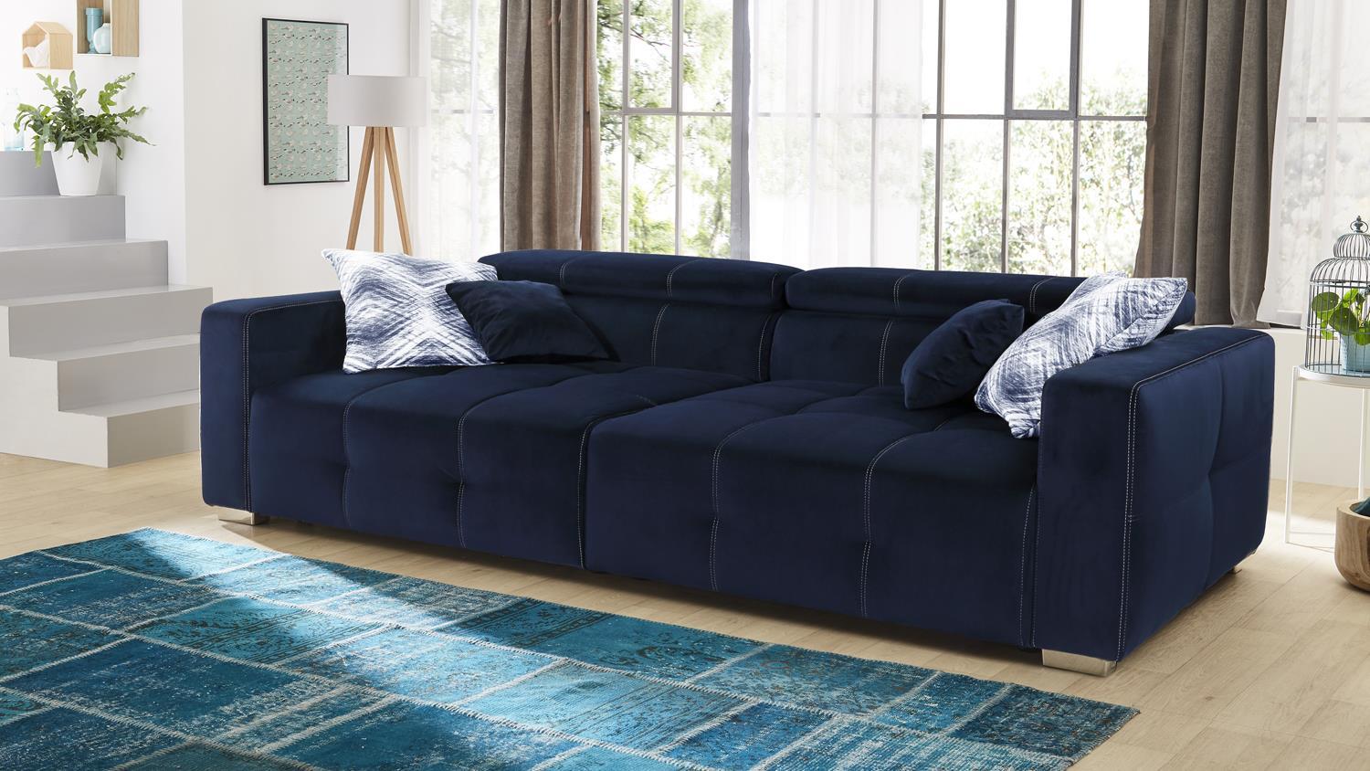 Big Sofa TRENTO Stoff samtweich blau Kopfteilverstellung Bild 1