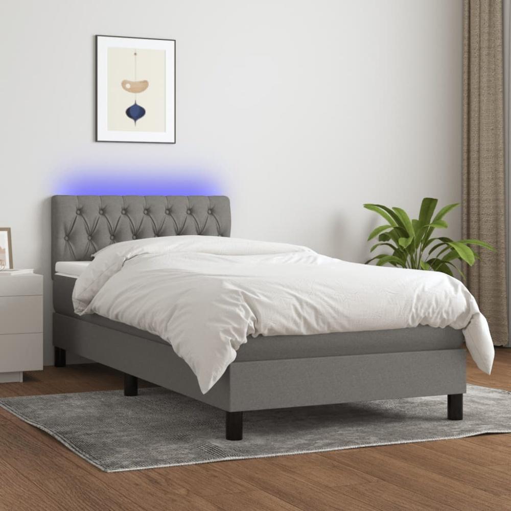 vidaXL Boxspringbett mit Matratze & LED Dunkelgrau 90x200 cm Stoff Bild 1