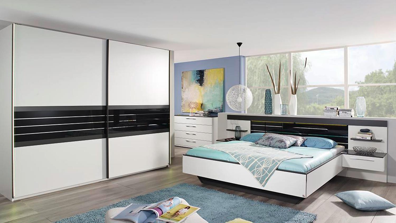 Schlafzimmer Set COLEEN in weiß graphit Basaltglas mit LED Bild 1