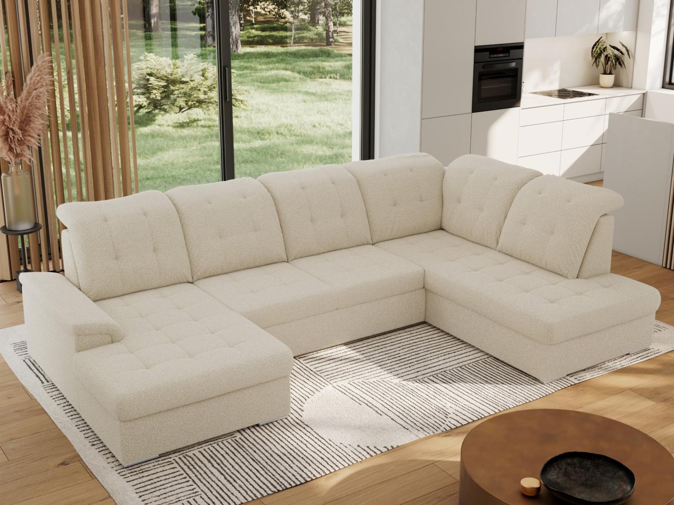 Ecksofa, Wohnzimmer U Couch, Polstersofa mit Bettkasten - MADRITO U - Beige Boucle - Rechts Bild 1