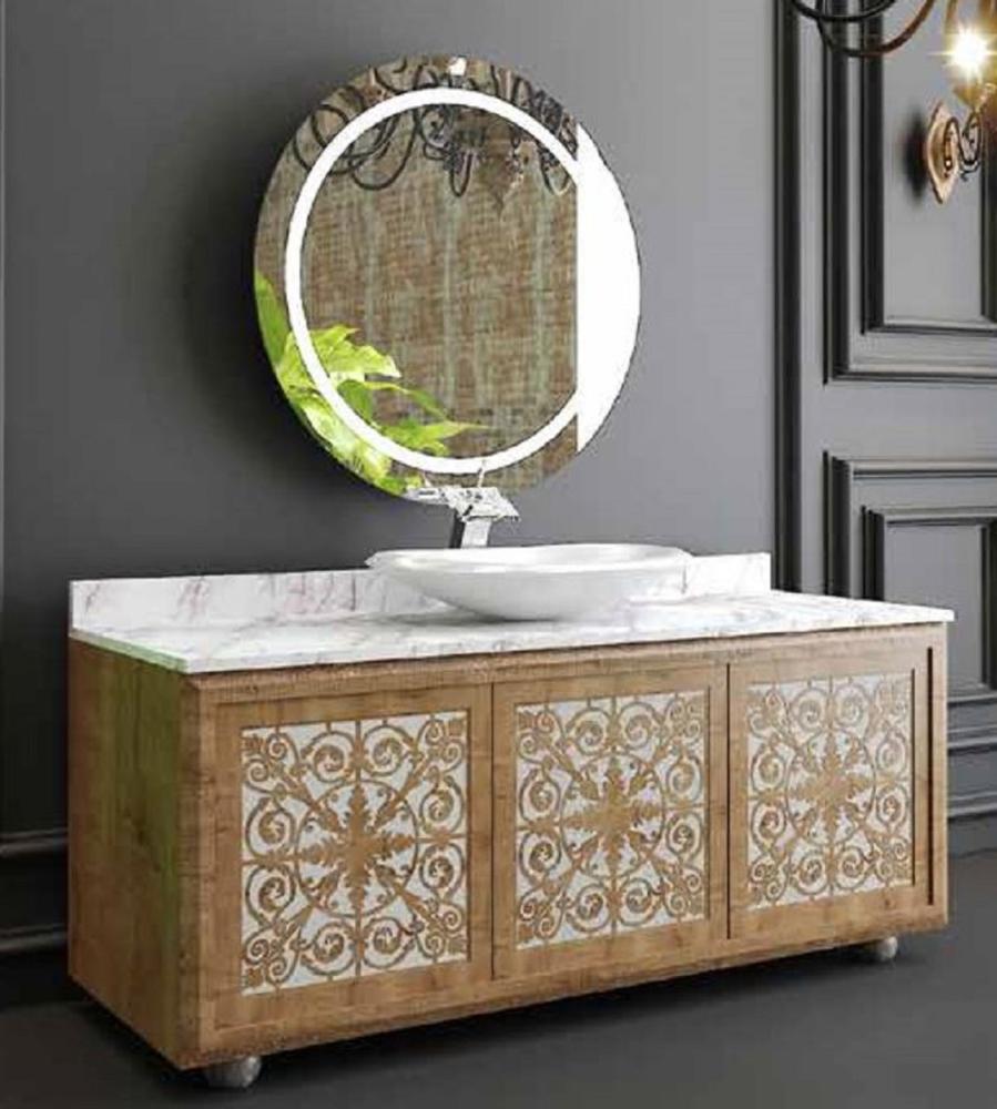 Casa Padrino Luxus Badezimmer Set Naturfarben / Weiß - 1 Waschtisch mit 3 Türen und 1 Waschbecken und 1 Wandspiegel - Badezimmermöbel - Luxus Qualität Bild 1